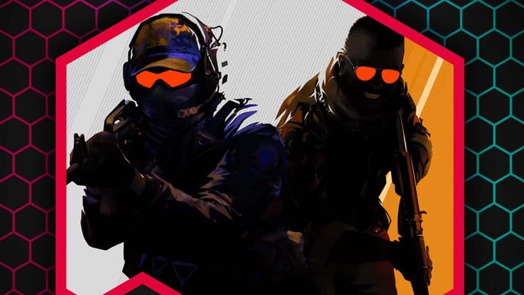 Image of Counter-Strike 2 players holding weapons on a white and orange background within a red frame