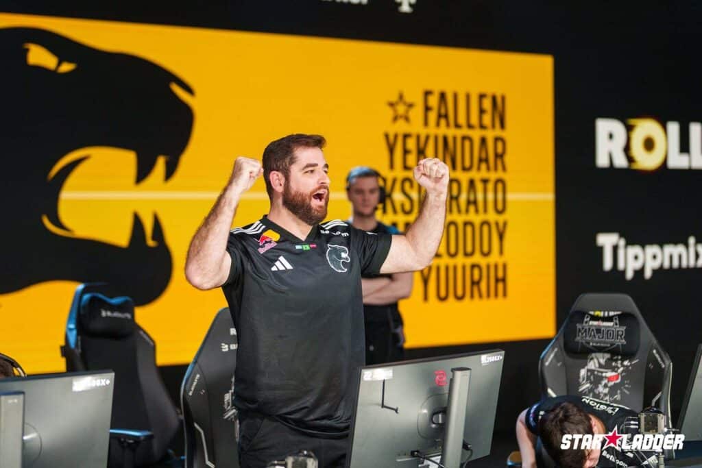 Image of FURIA Counter-Strike player FalleN celebrating on stage at StarLadder Budapest Major 2025