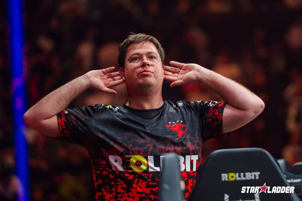 Image of FaZe Clan Counter-Strike player Karrigan holding hands to ears while competing at StarLadder Budapest Major 2025