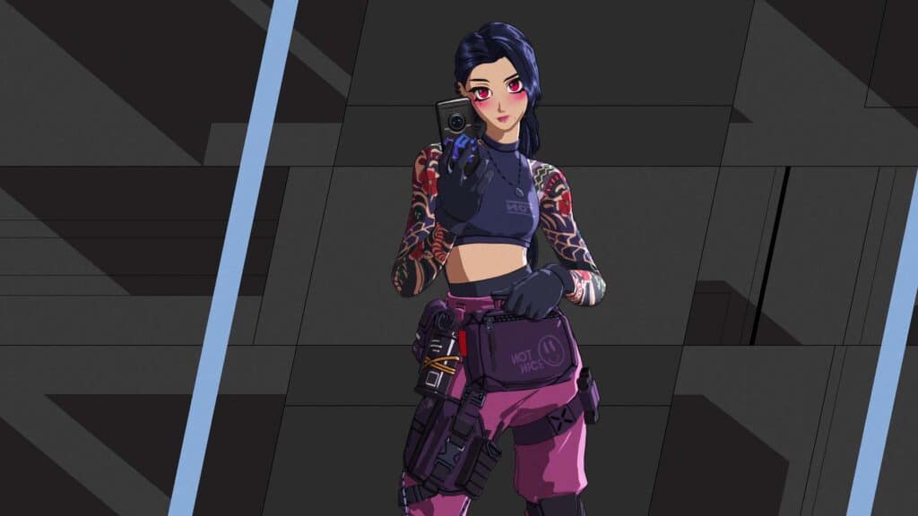 Image of Fortnite character posing while holding a mobile phone