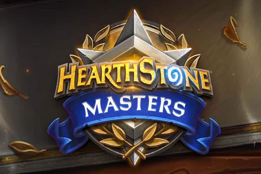 Image of Hearthstone Masters logo on a grey, gold, and brown background. Gold leaves surround the logo