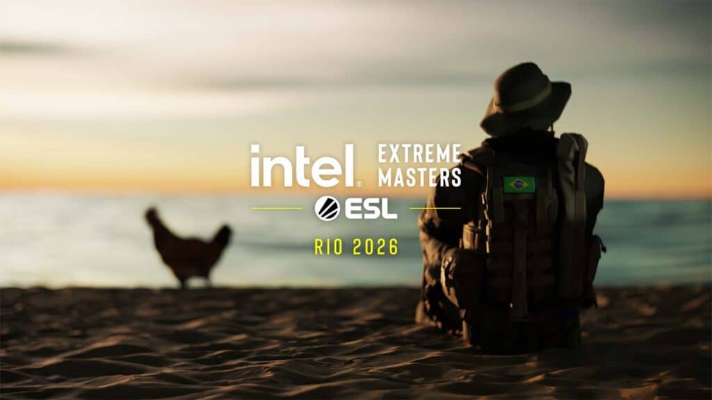 Image of Intel Extreme Masters and ESL logo on a blurred background of a Counter-Strike player and chicken on a beach