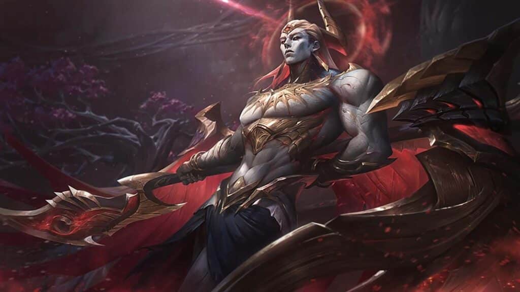 Image of League of LEgends champion holding large bronze melee weapon with a grey and pink tree in the background