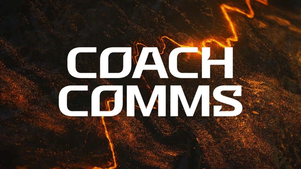 Image of white text reading Coach Comms on a black and orange background