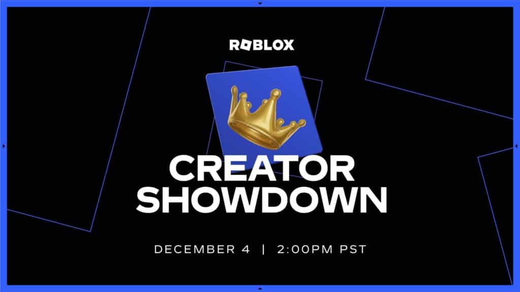 Image of Roblox logo above a golden crown on a blue background