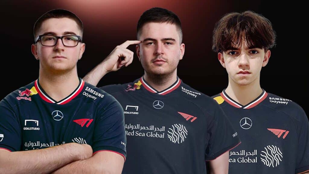 Image of T1 Call of Duty Warzone players posing while wearing T1 jerseys on a black background