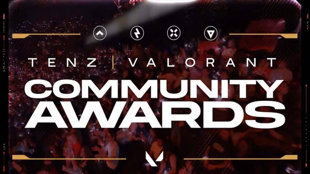 Image of TenZ VALORANT Community Awards logo on a dark red background of a crowd attending VALORANT esports event