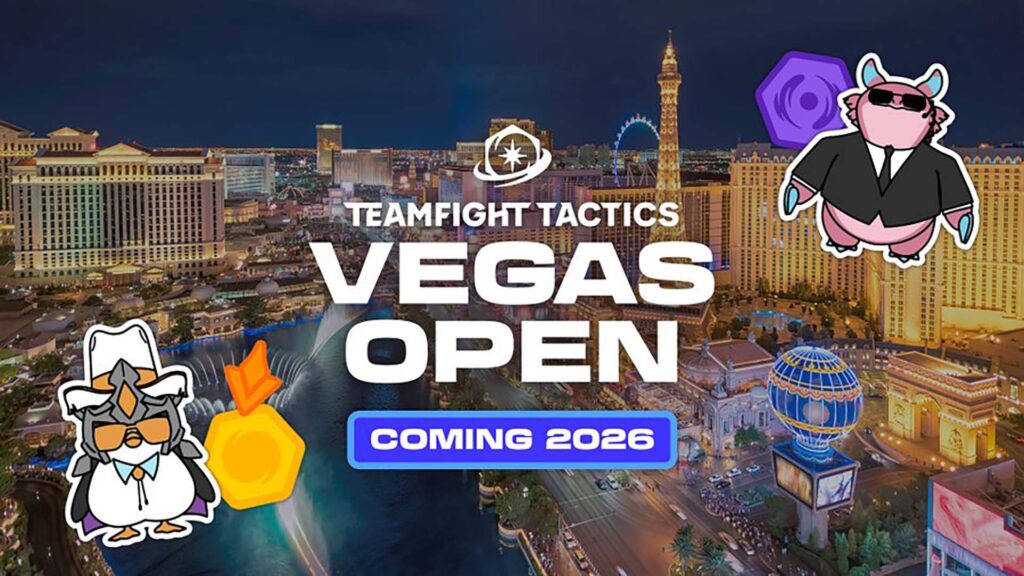 Image of Teamfight Tactics Vegas Open logo on a background of Las Vegas skyline