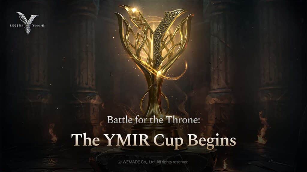 WEMADE YMIR Cup on a dark background of stone pillars.