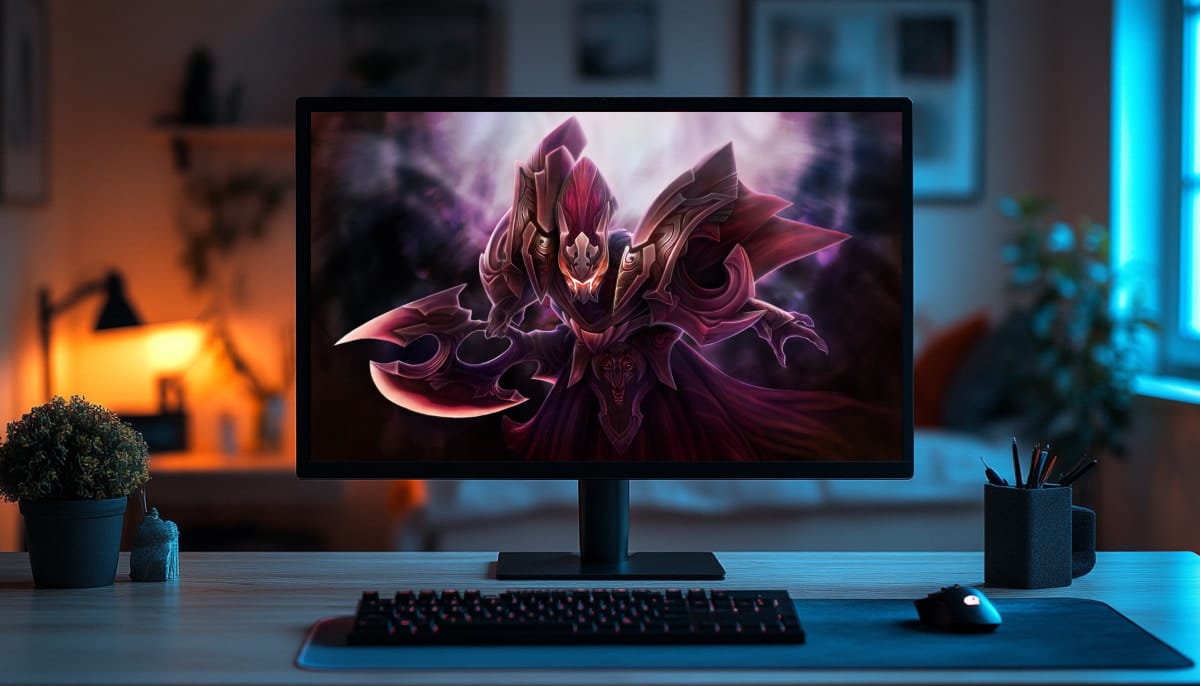 The character on the monitor is Spectre, a hero from the popular MOBA game Dota 2