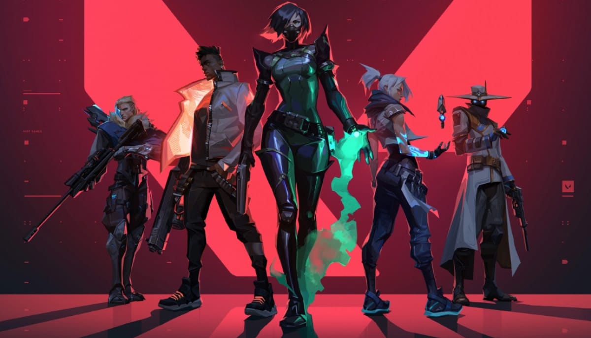 Illustration of the original five Valorant agents (Sova, Phoenix, Viper, Jett, and Cypher) standing together in a promotional image