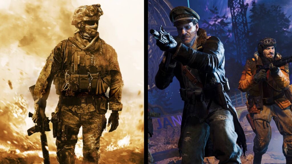 Ein geteiltes Bild aus der Call of Duty-Reihe, das links einen modernen Soldaten in taktischer Ausrüstung und rechts Charaktere aus der Zeit des Ersten Weltkriegs aus dem Zombies-Modus zeigt