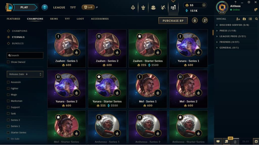 Ein Screenshot der Registerkarte „Champion“ des League of Legends-Clients, der eine Liste der Champions zeigt, gefiltert nach Klasse und im In-Game-Shop verfügbar