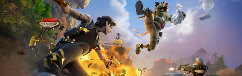 Personaggi di Fortnite in intense battaglie: combattente tatuato che salta, topo armato che plana con un pallone, esplosioni e lo skyline della città criminale.