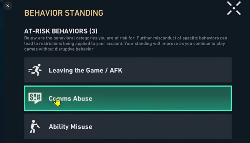 Ein Screenshot aus dem Menü des VALORANT-Videospiels mit dem Titel „Behavior Standing“, der „Risikoverhalten“ auflistet, darunter „Das Spiel verlassen/AFK“, „Kommunikationsmissbrauch“ (hervorgehoben) und „Fähigkeitsmissbrauch“.