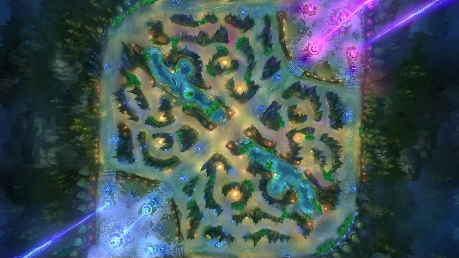 Eine Luftaufnahme des "Kluft des Beschwörers" Karte aus dem Videospiel League of Legends mit Waldgebieten, drei Hauptstraßen, einem gewundenen Fluss und den blauen und violetten Basisstrukturen (Nexus und Türme) in der unteren linken bzw. oberen rechten Ecke