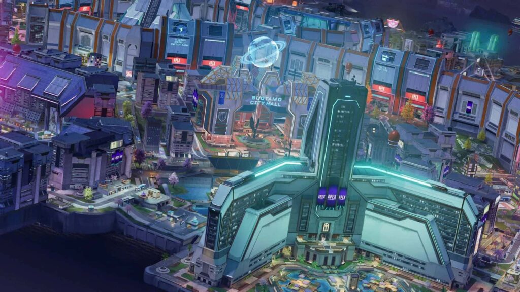 Um ambiente de paisagem urbana futurista com edifícios grandes e angulares com iluminação neon e sinalização para "Prefeitura de Suotamo" e "Ápice Ápice Ápice"ambientado no jogo Apex Legends