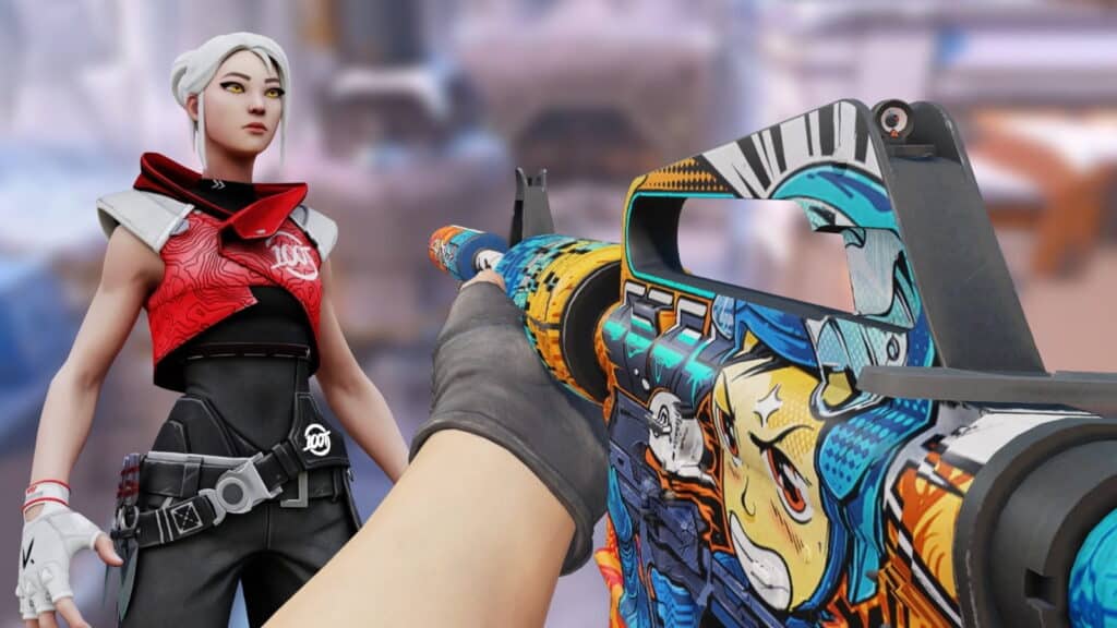 A fan-made image contrasts characters and items from two tactical shooters: the agent Jett from the game Valorant stands on the left, while a first-person perspective on the right shows an M4A1-S rifle with the "Player Two" skin from Counter-Strike 2 (CS2)