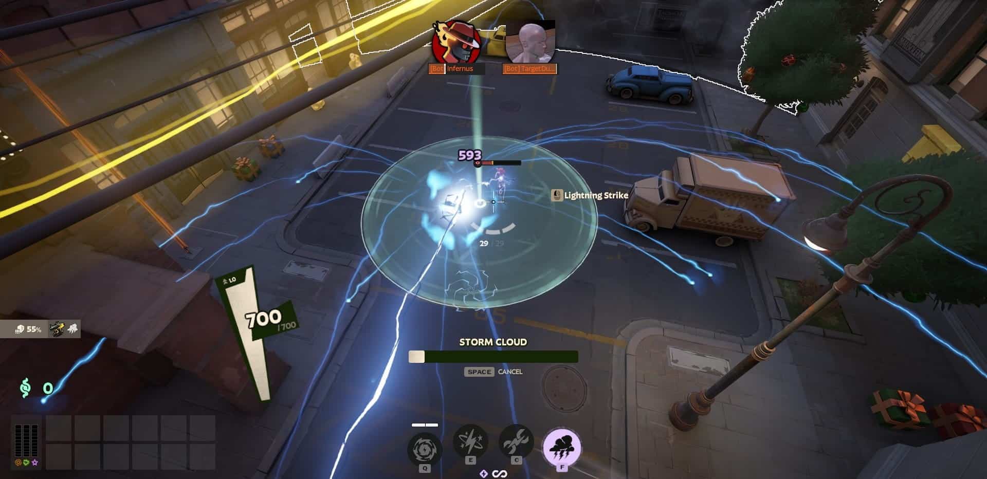 The image is a screenshot of gameplay from Deadlock. In the center of the screen, the character is using an ability that creates an electric field around him with lightning effects, likely the “Storm Cloud” ability of the hero Seven