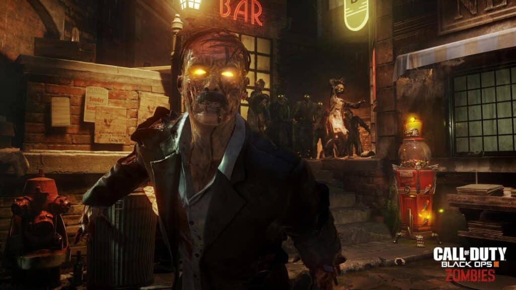 Call of Duty Black Ops Zombies-Szene, in der Zombies mit leuchtenden Augen Spieler angreifen