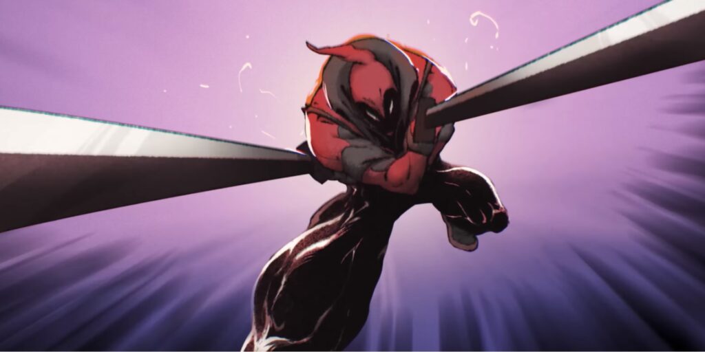 Uma ilustração do personagem da Marvel Deadpool entrando em ação, segurando duas katanas e cercado por um brilho roxo e laranja