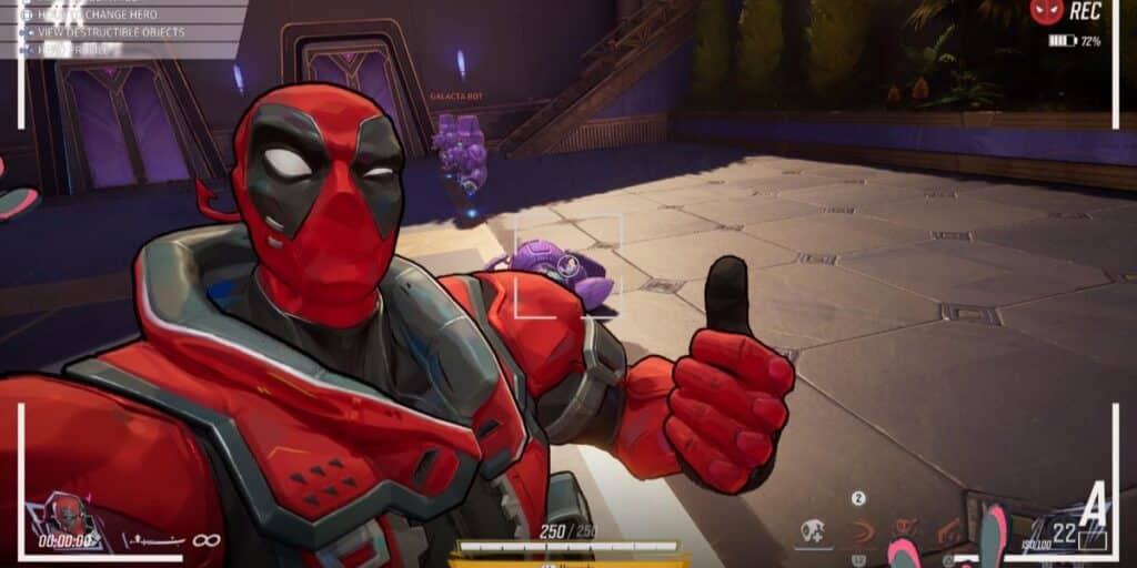 Deadpool takes a selfie in Marvel Rivals, giving a thumbs up to the camera