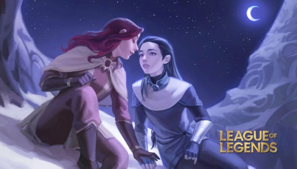 This image is official artwork from the League of Legends universe, specifically an illustration for the short story "Rise with Me," which focuses on the relationship between the champions Leona (left) and Diana (right)