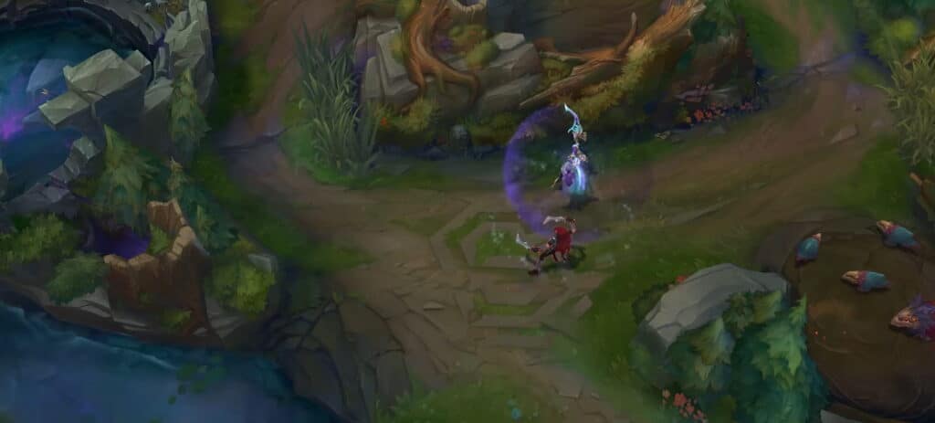 This screenshot is from the popular multiplayer online battle arena (MOBA) game League of Legends. Two in-game champions engaged in combat on a forested pathway near a stone bridge, which appears to be within the "Summoner's Rift" map