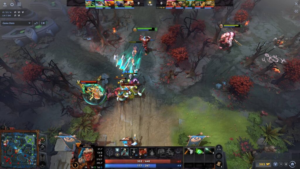 Dieses Bild zeigt das Gameplay von Dota 2, eine Draufsicht auf ein Multiplayer-Online-Battle-Arena-Spiel