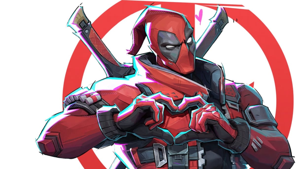 An illustration of the Marvel character Deadpool, in his red and black suit, making a heart gesture with his hands