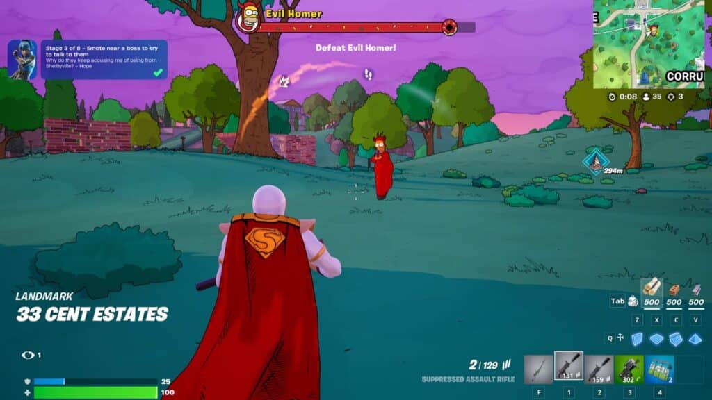 Der böse Homer ist ein Boss-Charakter im Fortnite x Die Simpsons-Kollaborationsevent, der auf der Inselkarte von Springfield zu finden ist. Wenn man ihn besiegt, erhält man als Belohnung mächtige mythische Waffen