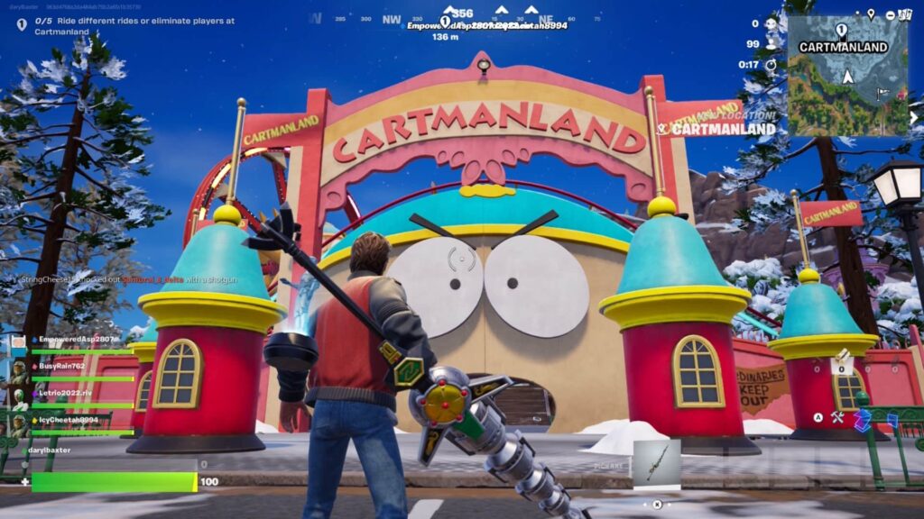 Fortnite x South Park-Spielszene mit Marty McFly aus „Zurück in die Zukunft“, der in der Nähe von Cartmanland steht