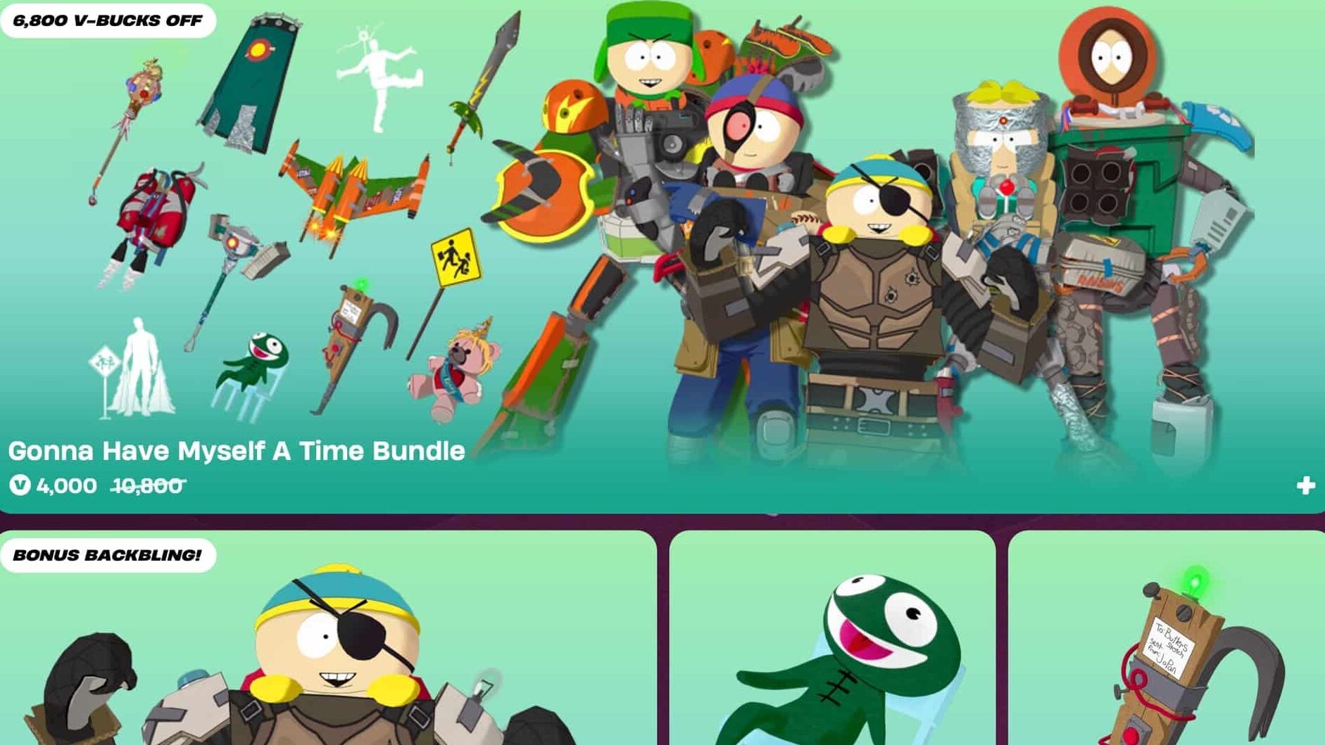 Dieses Bild ist eine Werbung für Fortnite "Ich werde mir ein Zeitpaket gönnen," das eine Zusammenarbeit mit South Park beinhaltet