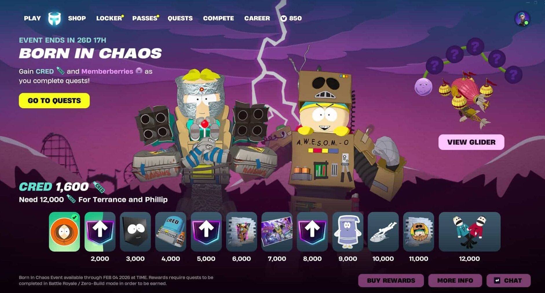 A screenshot from the video game Fortnite, showcasing the "Born in Chaos" event menu, which is a South Park collaboration