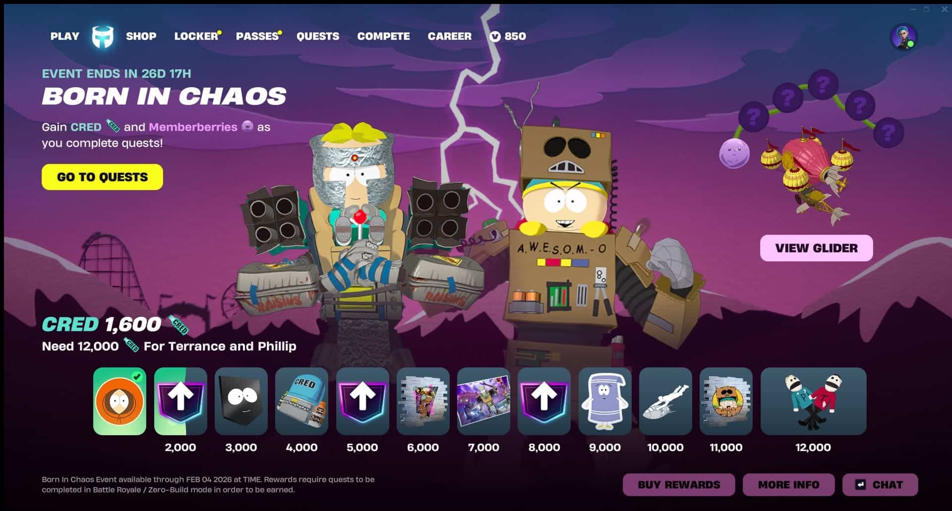 A screenshot from the video game Fortnite, showcasing the "Born in Chaos" event menu, which is a South Park collaboration