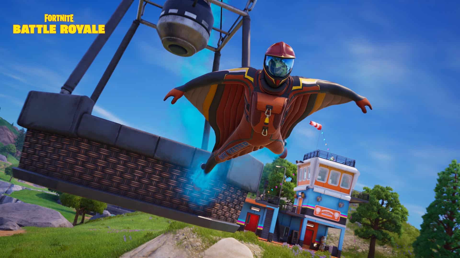 Ein Charakter fliegt in Fortnite im Wingsuit