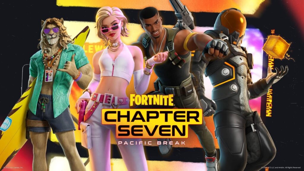 Four Fortnite characters in stylish outfits stand confidently. A lion-headed figure holds a surfboard. The text reads "Fortnite Chapter Seven: Pacific Break." The scene is vibrant and adventurous