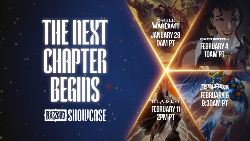 Blizzard Showcase poster with dates for game events. 'The Next Chapter Begins' in bold. World of Warcraft, Overwatch, Hearthstone, and Diablo featured