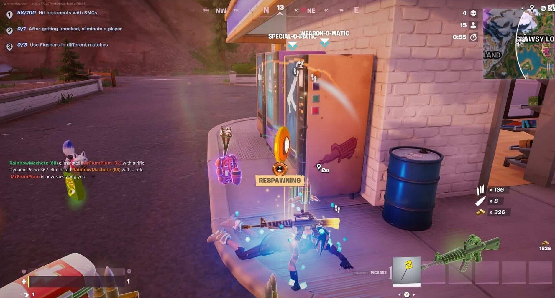 A screenshot from the video game Fortnite, showing a knocked-down character near vending machines at the Cartmanland location