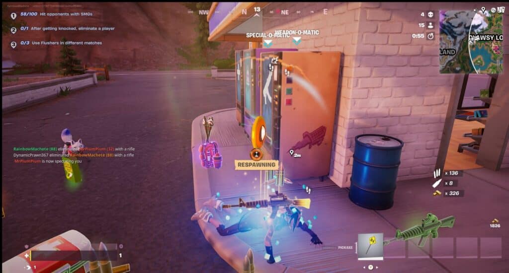 Uno screenshot del videogioco Fortnite, che mostra un personaggio abbattuto vicino ai distributori automatici nella località di Cartmanland.