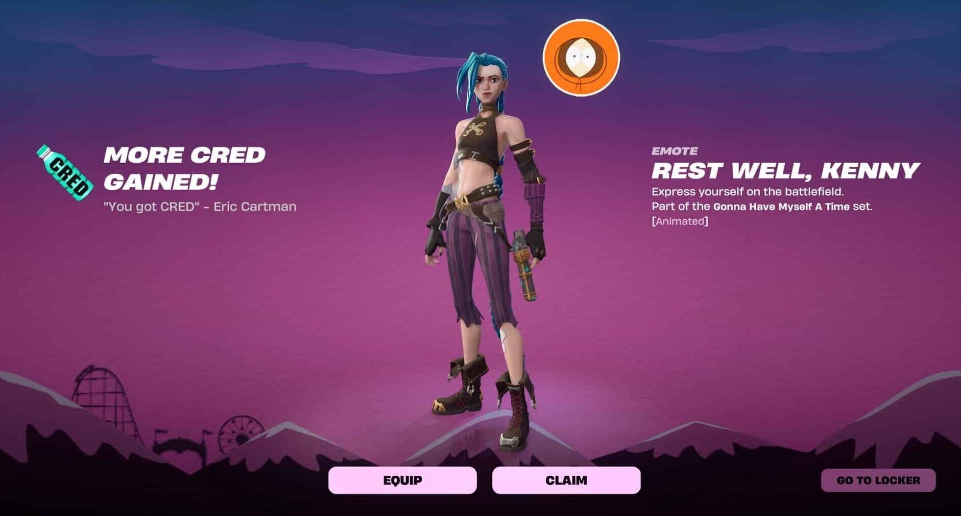 A screenshot from the Fortnite game menu featuring the character Jinx