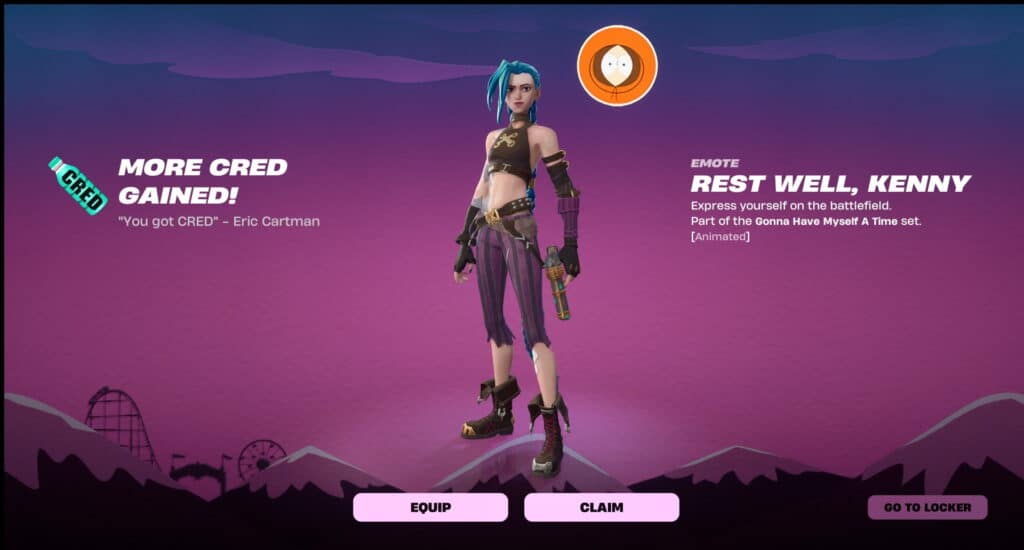 Uno screenshot del menu di gioco di Fortnite con il personaggio Jinx.