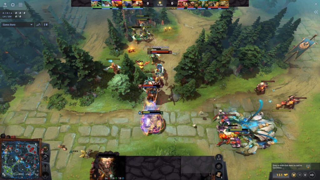 Ein Screenshot aus dem Videospiel Dota 2, der einen Kampf zwischen mehreren Charakteren in einer Waldumgebung mit sichtbarer Benutzeroberfläche zeigt