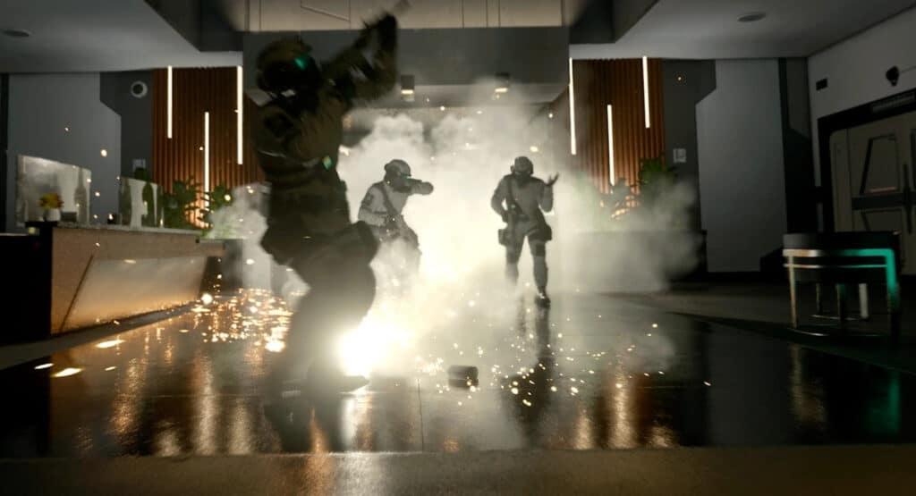 A cena da imagem faz parte de uma campanha ou mapa multiplayer do jogo Black Ops 7