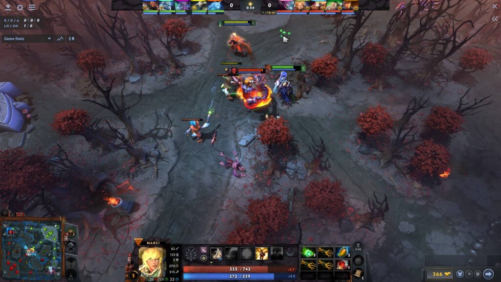 Ein Screenshot eines laufenden Dota 2-Spiels, der mehrere Helden zeigt, die in der obersten Reihe nahe der 1-Minuten-Marke kämpfen