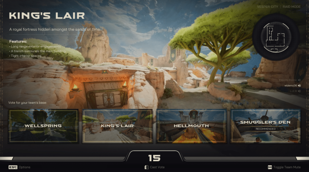 Highguard Raid-Modus Basisauswahlbildschirm während der Vorbereitungsphase vor dem Spiel, einschließlich Wellspring, King's Lair, Hellmouth und Smuggler's Den