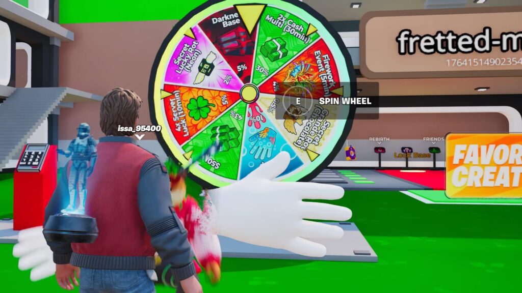 An in-game screenshot from the popular user-created Fortnite map "Steal the Brainrot", showing a player character standing in front of a large, colorful spin wheel that offers various virtual rewards like "4x Server Luck (10min)" and "Cash Multi (30min)"