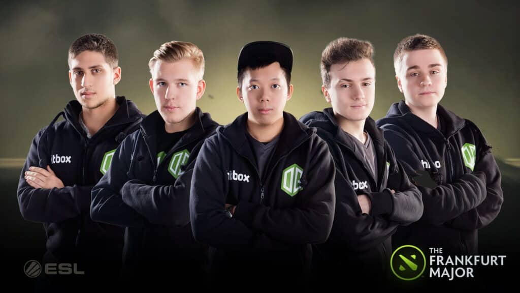The image shows Team OG, winners of the first ever Dota 2 Major tournament — The Frankfurt Major 2015