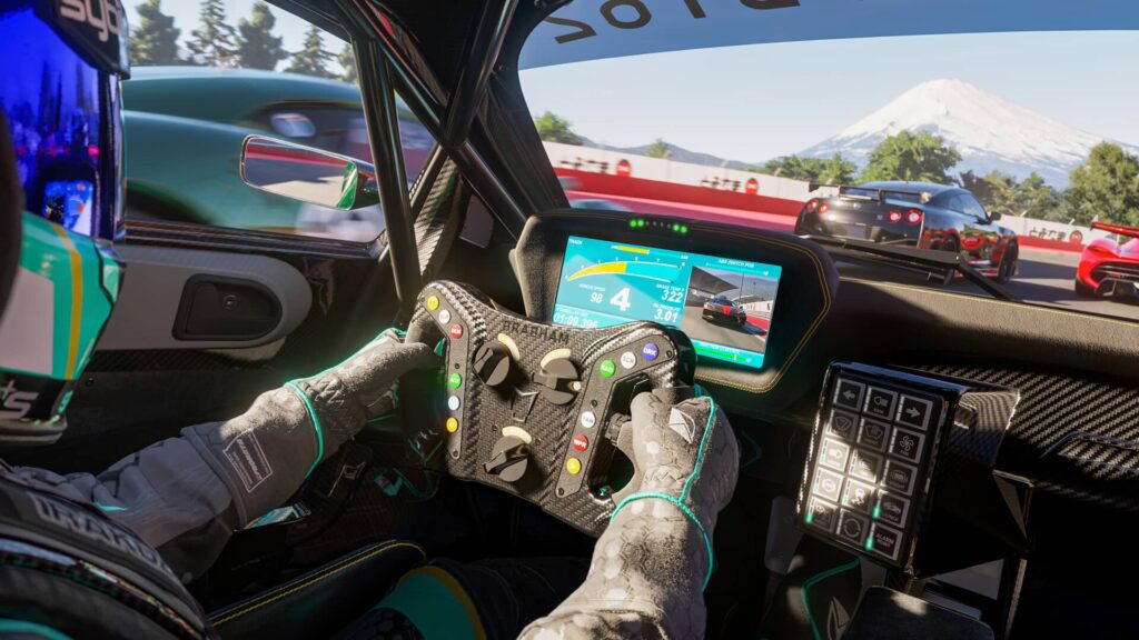 A detailed, first-person view from the cockpit of a race car in a video game, likely Forza Motorsport, during a bright, sunny race