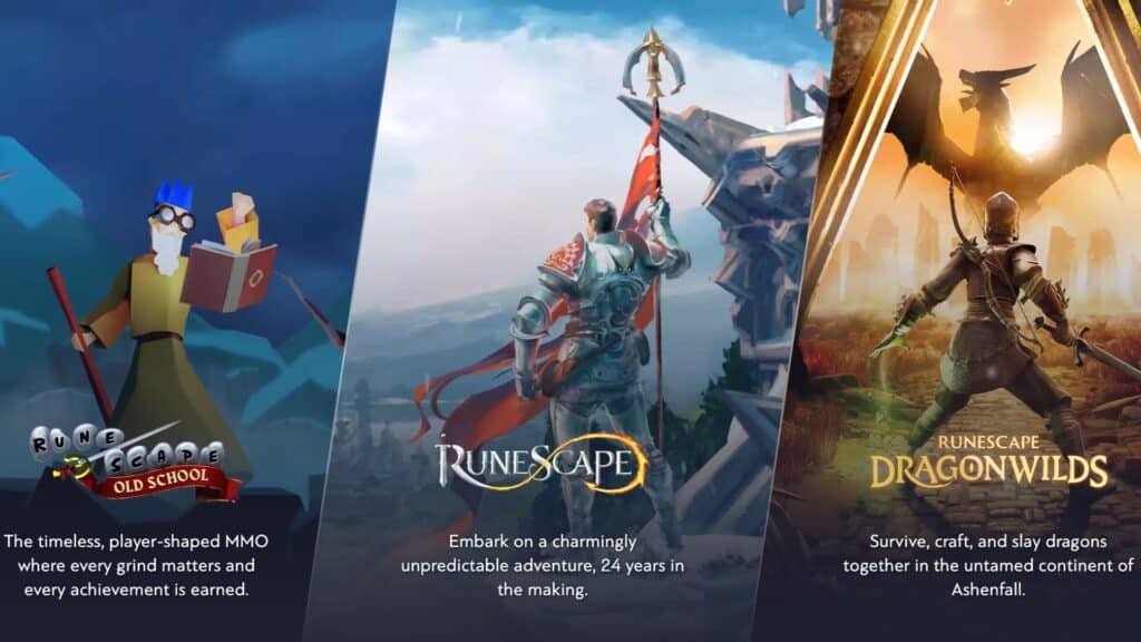 Un collage promozionale che mostra tre diversi giochi o espansioni dell'universo di RuneScape.